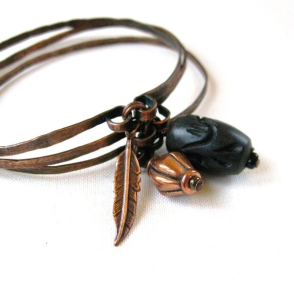 Copper Dangle Charm Bangle Bracelet Set Antique Copper Feather Black Carved Wood - Picture 1 of 5